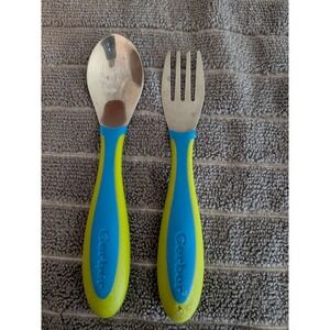 Gerber Graduates Kiddy Cutlery Toddler Spoon Fork Set Blue Lime Green Stainless